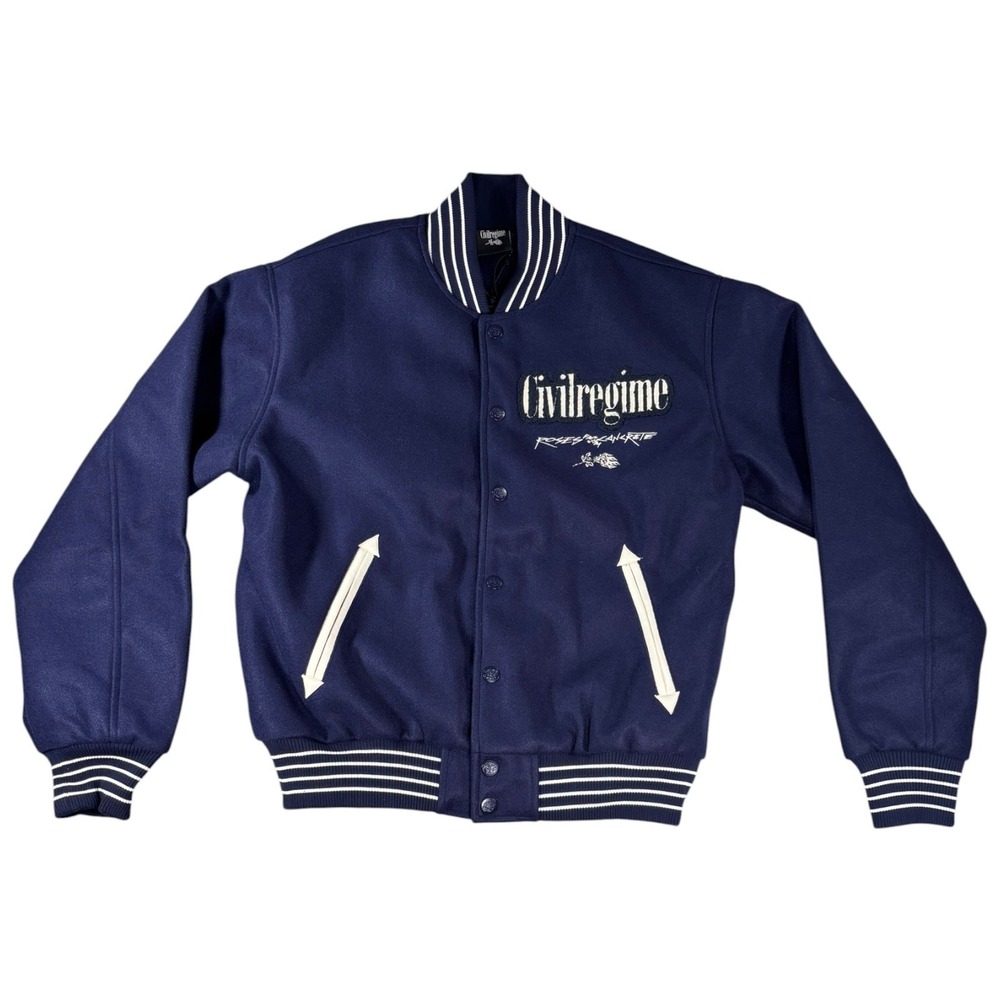 Civil Regime Roses From Concrete Varsity Jacket Navy Blue Mens Large New